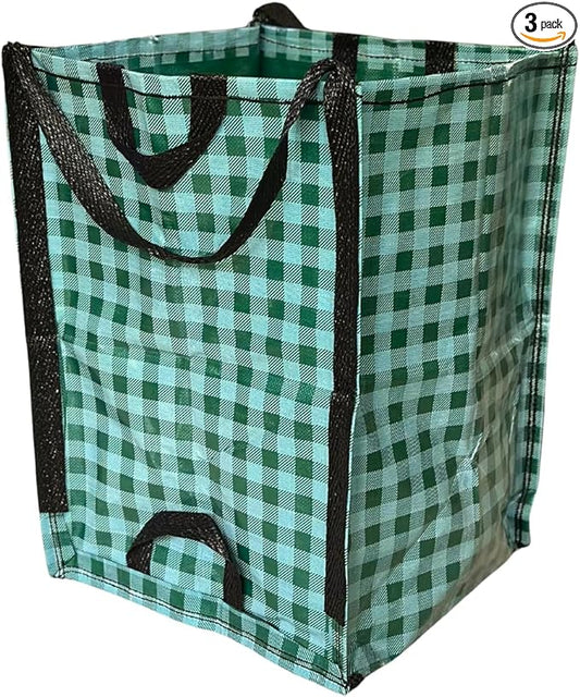 DURASACK Heavy Duty Home and Yard Bags 48-Gallon Reusable Self-Standing Lawn and Leaf Bags Garbage Can with Reinforced Handles, Gingham Green, 3 Pack