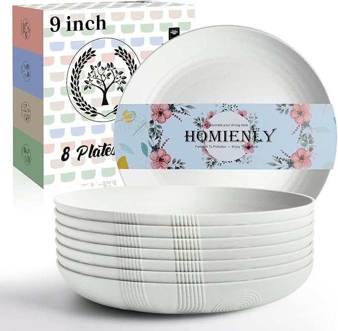 Homienly Wheat Straw Plates Set of 8, 9 inch Unbreakable Microwave and Dishwasher Safe Plates, Lightweight Round Dinner Plates with Unique Texture, Plate for Kitchen, Camping, Picnic - White