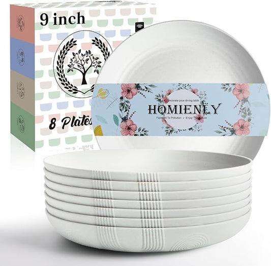 Homienly Wheat Straw Plates Set of 8, 9 inch Unbreakable Microwave and Dishwasher Safe Plates, Lightweight Round Dinner Plates with Unique Texture, Plate for Kitchen, Camping, Picnic - White