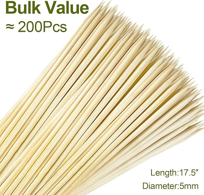 Bulk Value Bamboo Smores Sticks (200 Pcs), Long 17.5" Marshmallow Roasting Sticks for Fire Pit, 5mm Heavy Duty Wooden Skewers for Smore Hot Dog Barbecue Thick for Campfire Grilling Camping Bonfire