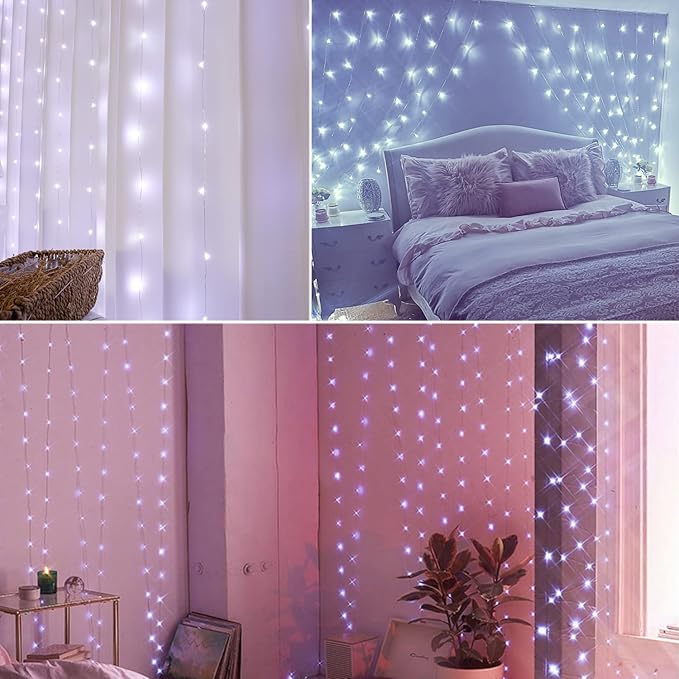 White Curtain Lights for Bedroom,7.9Ftx5.9Ft 144 LED Waterproof USB Powered Twinkle String Lights Wall Copper Fairy Lights with Control & 8 Modes for Room Window Halloween Decorations