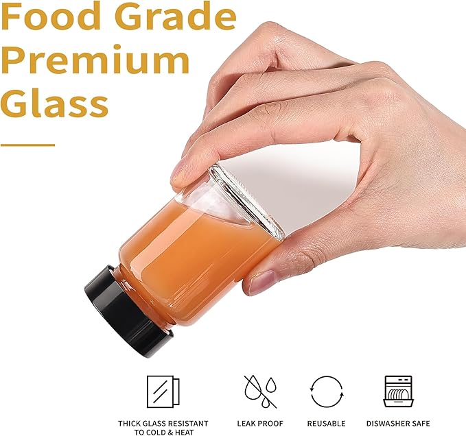 16 Pack 2 oz Glass Shot Bottles with Black Lids & Labels, Wide Mouth 60 ml Small Glass Bottles for Ginger, Leakproof Travel Mini Clear Jars for Wellness Shot, Juice - Dishwasher Safe