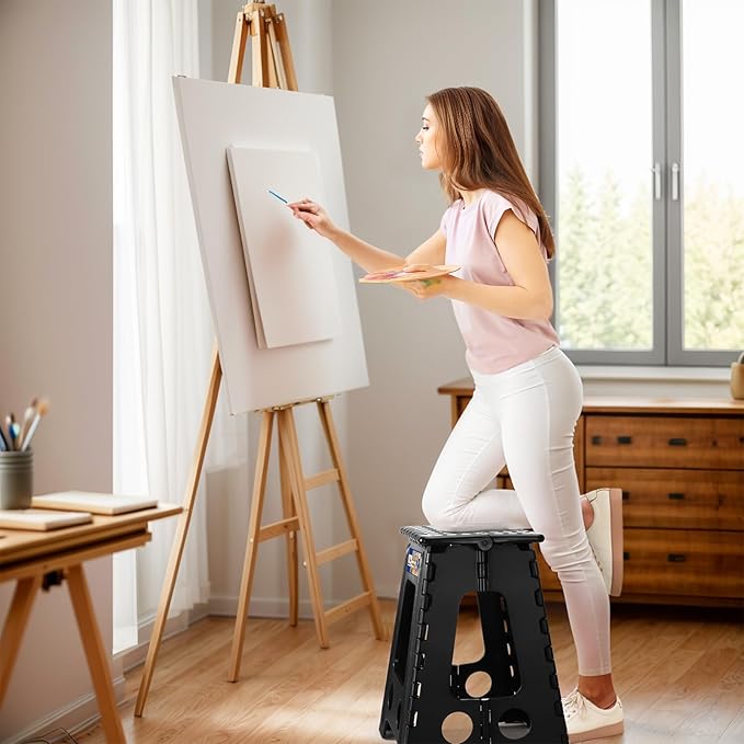 ACKO Folding Step Stool Foldable 17.5 Inch 400 lbs Capacity, Plastic Stools for Adults and Kids, Collapsible Stools for Kitchen, Stepping Stool with Handle (Black)