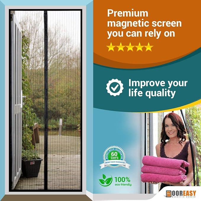 DOOREASY Magnetic Screen Wide Range Sizes Screen Door, Full Frame Loop Sewn Polyester Mesh, Add-on Magnets and Weight Bars(Fits Doors up to 30"x79")