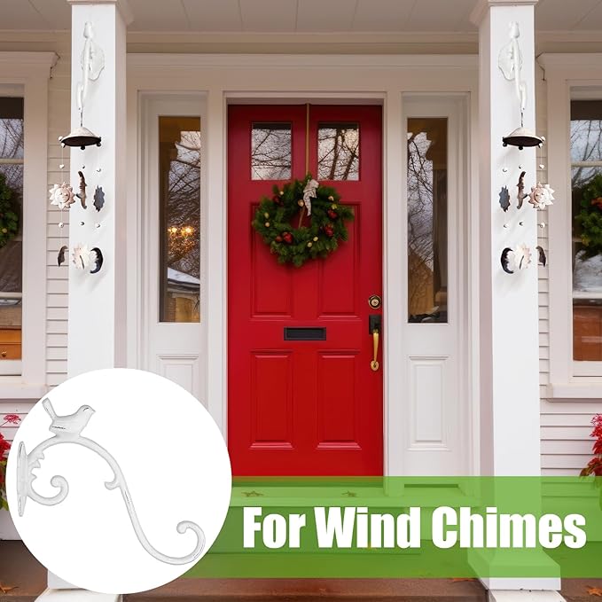 Moxweyeni 2 Pcs Cast Iron Plant Hangers Outdoor 10" Heavy Duty Hanging Basket Brackets Lovely Bird Shape Decorative Wall Hangers for Flower Pots Bird Feeder Wind Chime Lantern(White)