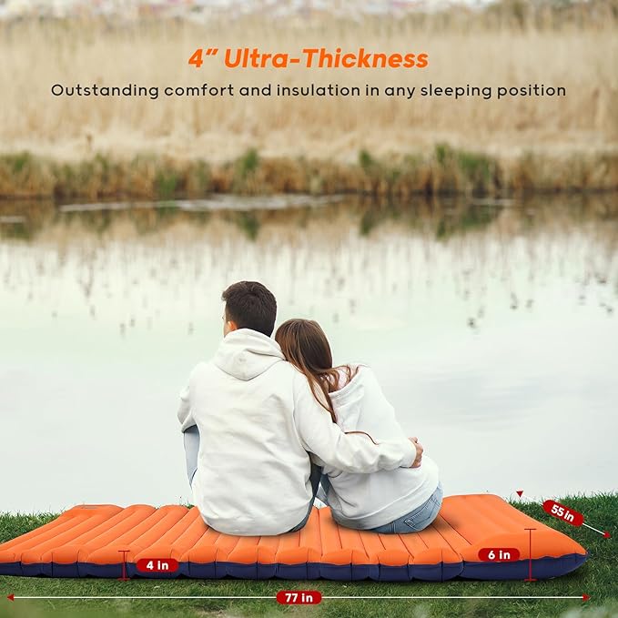 4 Inch Thick Double Sleeping Pad for Camping, with Foot Pump and Pillow, Lightweight Camping Mattress 2 Person for Outdoors, Backpacking, Hiking