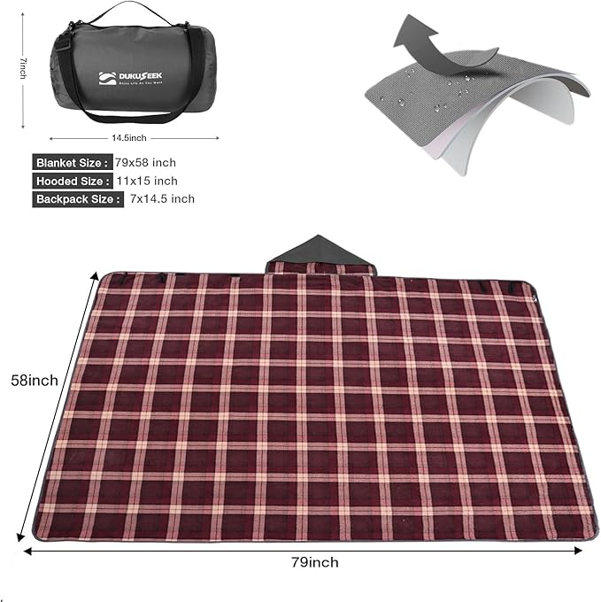 DUKUSEEK Stadium Blanket Waterproof Windproof, Outdoor Hooded Blankets for Camping, Sporting Events, Picnic and Car - Insulated Foldable Blanket and Throws