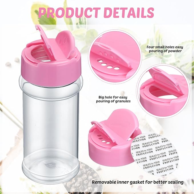 Eccliy 36 Pack 3 oz Clear Plastic Spice Jars with Label and Shaker Lids Empty Spice Bottles Seasoning Containers Seasoning Jars Shaker Condiment Pots for Pepper Herbs Powders (Pink)