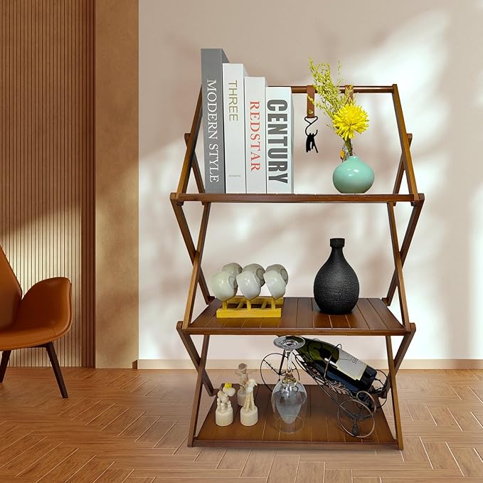 Foldable Bamboo Shelf, Folding Shoe Rack, Flower Rack, Camping Rack, No Installation Required, Portable, Space Saving, Multi-Purpose Storage Rack (Walnut, 3 Tiers with Boom)