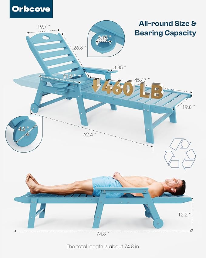 Oversized Chaise Lounge Chair Outdoor with Wheels & Cup Holder, 6-Position Adjustable HDPE Patio Lounge Chair for Poolside, Garden, Deck & Lawn (Light Blue, 2-Piece)