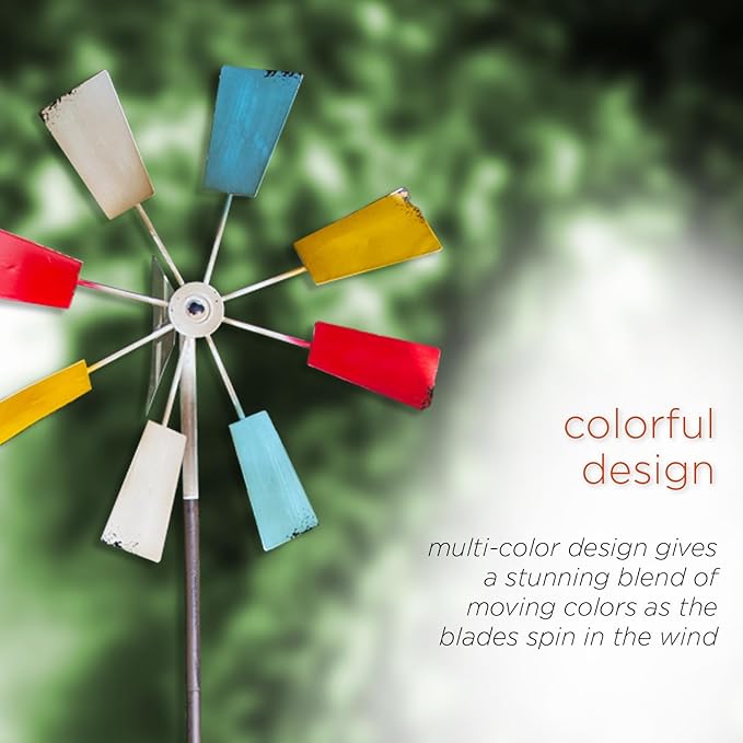 Alpine Corporation 52" Outdoor Metal Windmill Spinner Stake Yard Decoration, Multicolor