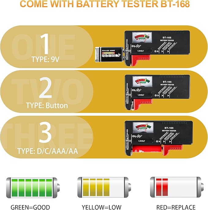 MOSLA Battery Organizer, Waterproof Battery Organizer Storage Case with Tester BT-168 (Yellow&Black)