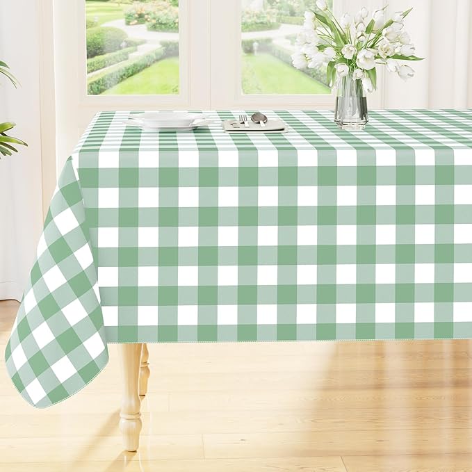 Smiry Rectangle Table Cloth, Waterproof Vinyl Tablecloth with Flannel Backing, Wipeable Buffalo Plaid Table Cover for Indoor and Outdoor (Sage Green & White, 60"x120")