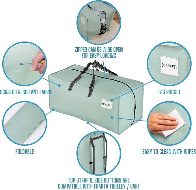 VENO 2 Pack Moving Bags w/Backpack Straps, Heavy Duty, Moving Boxes Alternative, Packing Supplies, Large Storage Totes for Dorm Room Essentials with Zipper for Clothes (Light Green Matte, 2 Pack)