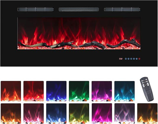 48'' Electric Fireplaces Inserts, Recessed & Wall-Mounted Fireplace Heater with Thermostat, Multicolor Flames,Timer, Log & Crystal, 750/1500W, Black