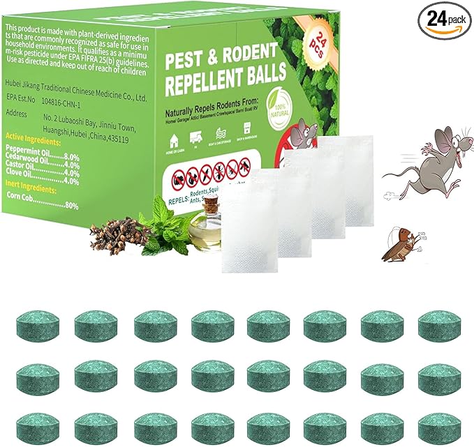 【𝐇𝐢𝐠𝐡𝐥𝐲 𝐄𝐟𝐟𝐞𝐜𝐭𝐢𝐯𝐞】 Mouse Repellent Pouches,Rodent Repellent Balls with Natural Peppermint Oil Long-Lasting Indoor & Outdoor Use – Gentle for Use Around Family & Pets-24 Pcs