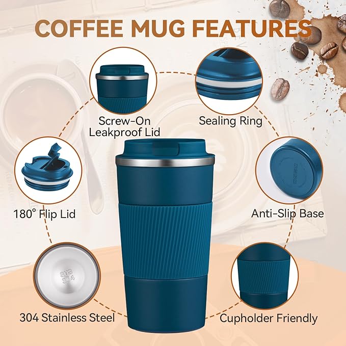 12OZ Travel Coffee Mug Insulated Coffee Cup with Spill Leak Proof Lid, Portable Stainless Steel Tumbler Reusable Hot and Cold Water Mug for Car, Daily, Camping- Blue