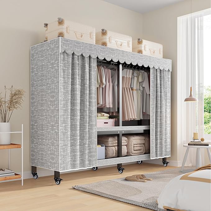 FPIGSHS Heavy Duty Clothes Rack with Cover 2000LBS Foldable Portable Wardrobe Closet for Hanging Clothing Rolling Garment Rack on Wheels for Bedroom Closet System (E(Gray Cover, 41.3in)