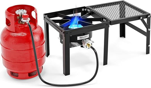 ROVSUN 100,000 BTU Propane Stove with Foldable Side Shelf, Single Burner Gas Stove for Outdoor Cooking with Regulator, Perfect for Camping, Tailgating, Turkey Frying, Seafood Boiling & Home Brewing