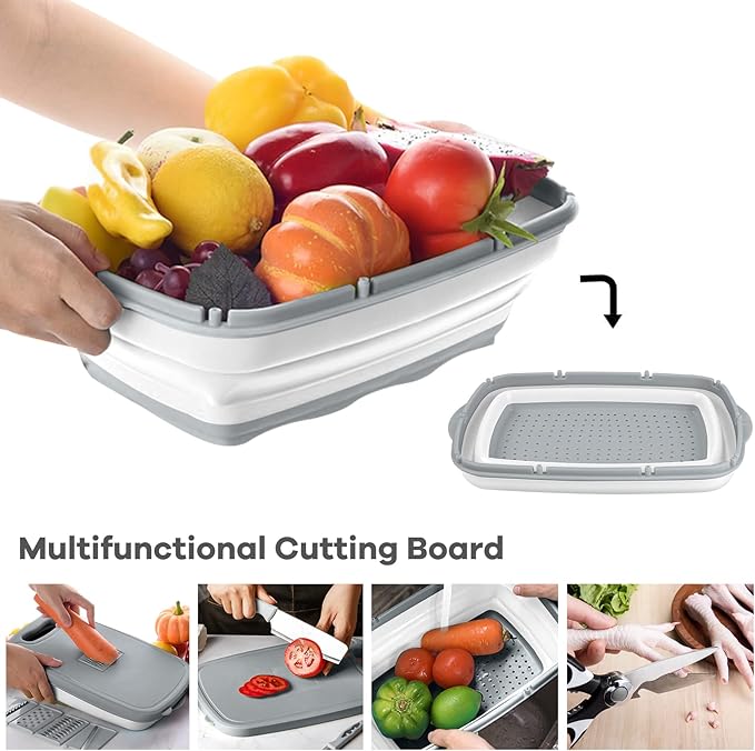 HI NINGER Collapsible Cutting Board with Colander, 9-In-1 Multi Chopping Board Kitchen Vegetable Washing Basket for Camping Gifts Camping Accessories for RV Campers