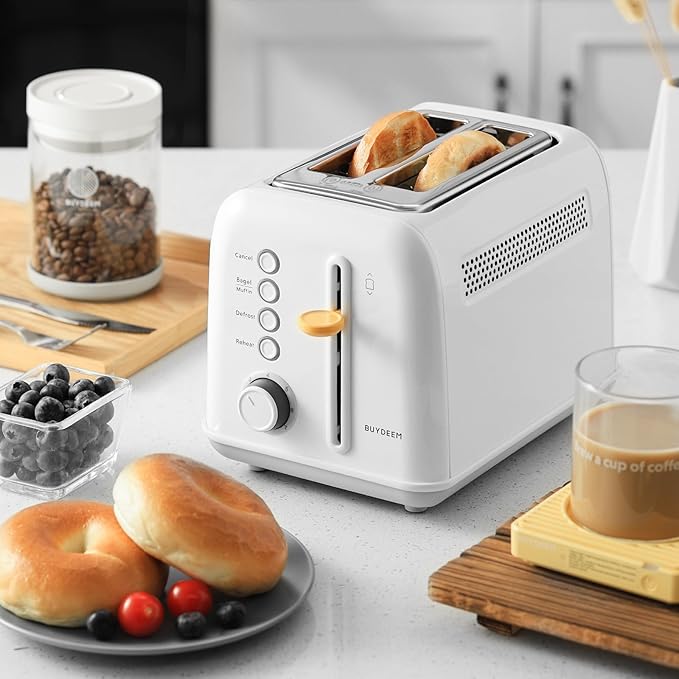 BUYDEEM DT620 2-Slice Toaster, Extra Wide Slots, Retro Stainless Steel with High Lift Lever, Bagel and Muffin Function, Removal Crumb Tray, 7-Shade Settings,Arctic White