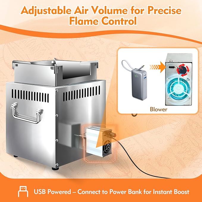 Portable Wood Camping Stove with Turbo Fan – 20-Second Quick Ignition, Adjustable Flame for Outdoor Cooking & BBQ, Burns Wood, Nut Shells, Dry Grass, Leaves & Biomass