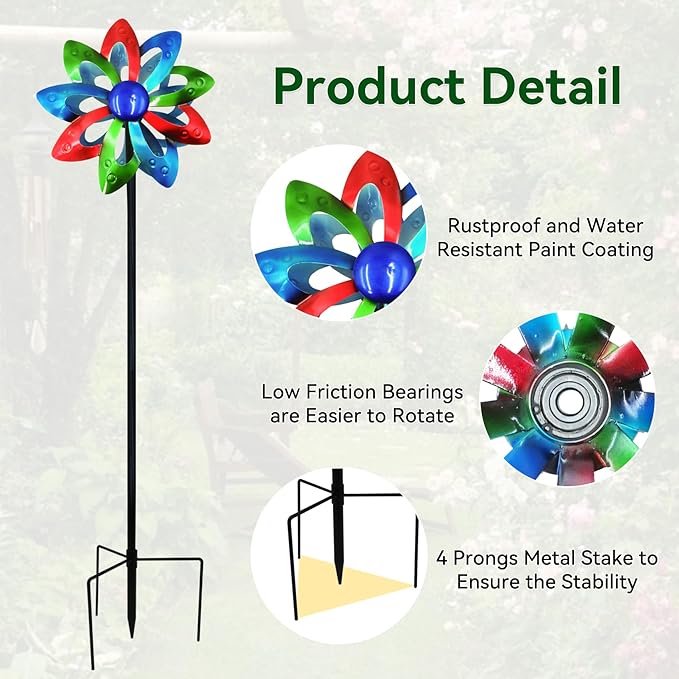 Garden Wind Spinners, Dual-Sided Colorful Metal Windmill 13" Dia*55" Height Wind Sculptures & Spinners, Vibrant Outdoor Kinetic Art for Yard, Garden, Driveway Decor