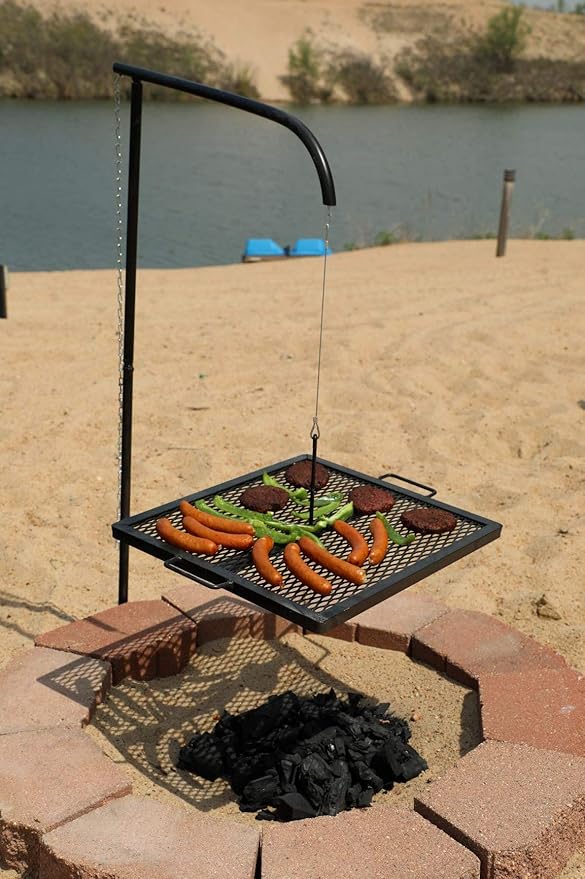GameMaker Open Fire Swing Grill | Portable Camping Grill | Black | Pole Dimensions: 60” tall & .75” Thick Steel | Grill Dimensions: 18” x 16. 5”