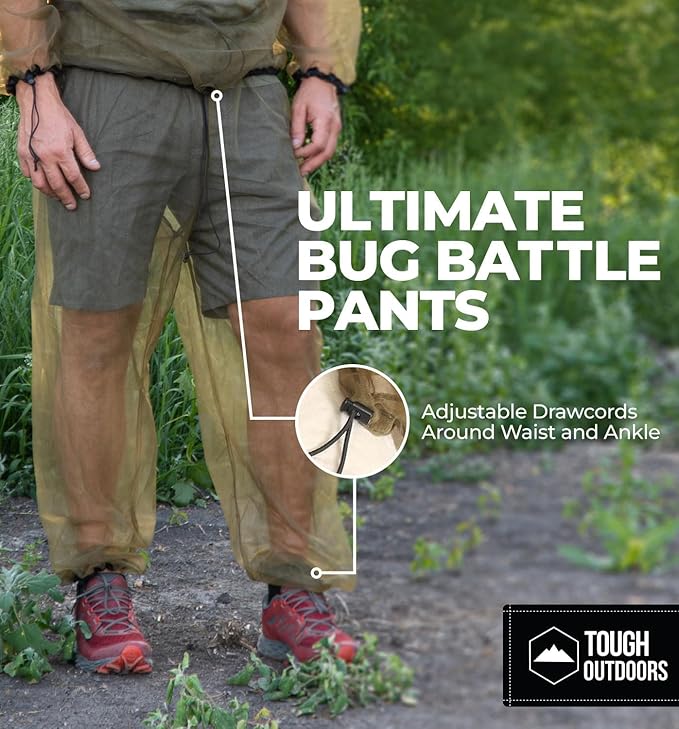 Tough Outdoors Mosquito Pants - Bug Pants for Men & Women - Net Bug Mesh for Gardening & Outdoor Protection from Flies, Gnats - with Free Carry Pouch - Green/Pants Only, Small-Medium