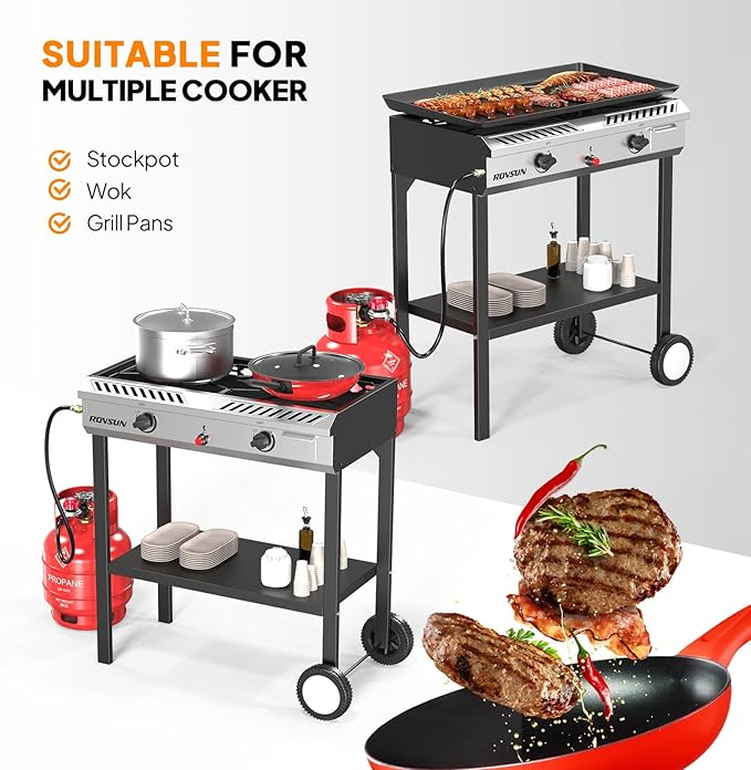 ROVSUN 2 Burner Outdoor Propane Gas Stove with Auto-ignition, Regulator & Shelf, 150,000 BTU Powerful Stand Cooker for Backyard Patio Cooking Home Brewing Canning Turkey Frying