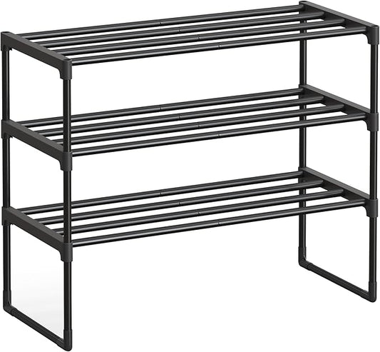 SONGMICS Shoe Rack, 3-Tier Shoe Organizer, Metal Storage Shelf, Upright or Upside Down, for 8-12 Pairs, Stackable, for Entryway, 11.8 x 26.8 x 21.7 Inches, Black ULSA203B01