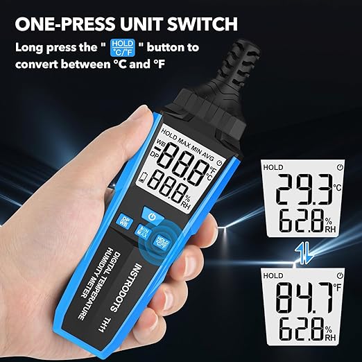 Temperature Humidity Meter, High Precision Digital Hygrometer with Ambient, Dew Point, Wet Bulb Temperature for Indoor Outdoor, Thermometer with Min/Max, Data Hold, LCD Backlight, TH11