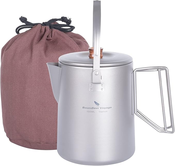 Boundless Voyage Titanium Camping Coffee Pot 1.5L Barista Kettle for Making Coffee Boiling Water Outdoor Traveling Campfire Stovetop Fast Brew