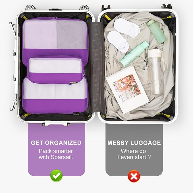 6 Set Compression Packing Cubes for Travel Essentials, Luggage Organizers for Suitcases (Bright Purple)