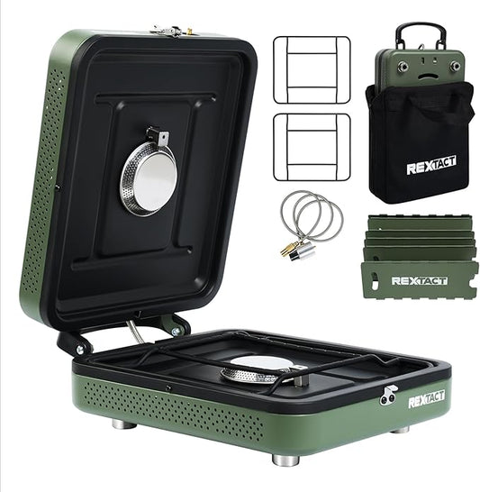 2 Burner Camping Stove with Carrying Bag, Foldable Propane Camp Stove with 17,200 BTU for Camping, Outdoor Cooking, Portable Gas Stove with Adjustable Burner for BBQ,Green with Windscreen