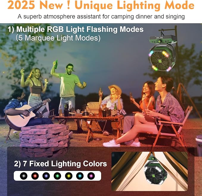 RUNTOP 20000mAh Oscillation Camping Fan, Rechargeable Fan with RGB, Remote, Battery Operated Outdoor Tent Fans w/Hanging Hook, Personal USB Desk Fans for Camping, Jobsite (Green)