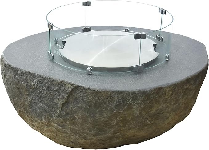 Elementi | Bundle Boulder Gas Fire Pit Cast Concrete Semi-Round Fire Table, Outdoor Fire Pit Electronic Ignition | Canvas Cover, Lava Rock Included | Propane Gas