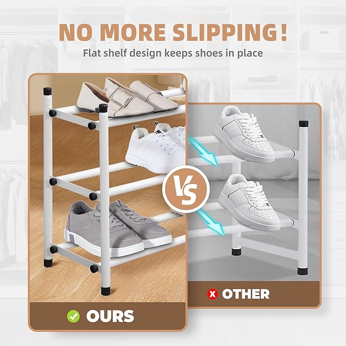 STORAGE MANIAC Expandable Shoe Rack, 12 Pairs Stackable Small Shoe Rack, Metal Adjustable Shoes Organizer for Closet, Entryway, Hallway, Garage, Front Door, Shoes Shelves, White 3 Tier