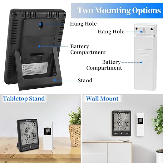 Geevon Indoor Outdoor Thermometer Wireless with 3 Remote Sensors, Digital Hygrometer Thermometer, Wireless Temperature Humidity Monitor Gauge with 200FT/60M Range (Black)