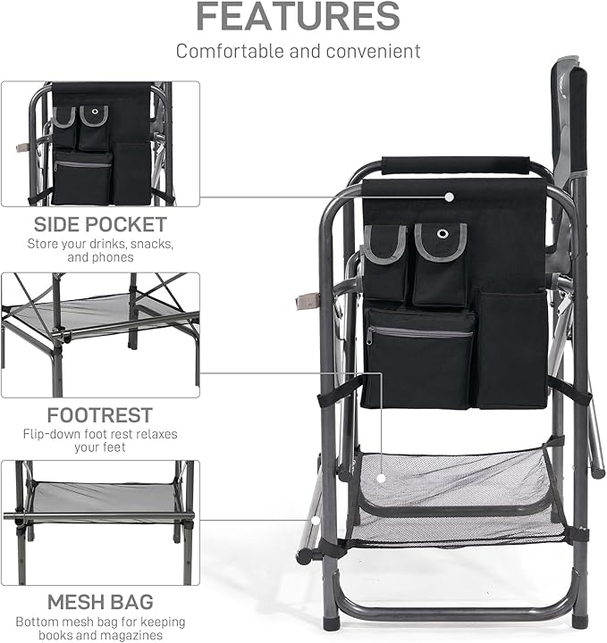EVER ADVANCED Medium Tall Directors Chair Foldable Makeup Artist Chair Bar Height with Side Table Cup Holder and Pocket Footrest, Supports 400LBS (Grey, Seat Height: 23.2 inches)