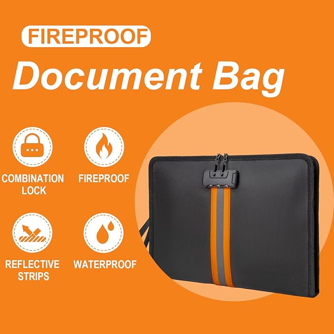 Fireproof Document Bag with Lock，13"×9.2" Fireproof Money Bag，with Zipper and Lock，Suitable for Tablets, A4 Documents, Cash, Mobile Phones, Credit Cards and Notarized Documents.