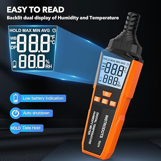 Temperature Humidity Meter, High Precision Digital Hygrometer with Ambient, Dew Point, Wet Bulb Temperature for Indoor Outdoor, Thermometer with Min/Max, Data Hold, LCD Backlight, TH11