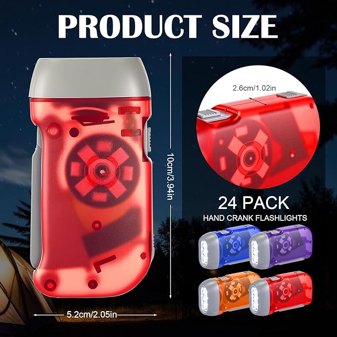 Mudder 24 Pieces Hand Crank Flashlight with LED Self Powered Charging Torch Dynamo for Camping Emergency(Red, Blue, Orange, Purple)
