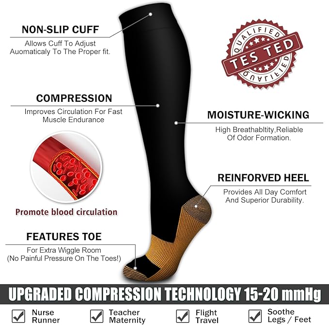 6 Pack Copper Compression Socks for Women and Men Circulation-Best Support for Medical, Running,Nursing,Athletic