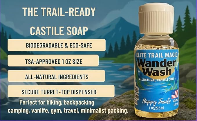 Wander Wash & Microfiber Towel Set – 1oz All-Natural Biodegradable Castile Soap + Fast-Drying Travel Towel – Lightweight, Unscented, Compact for Hiking, Camping, Backpacking