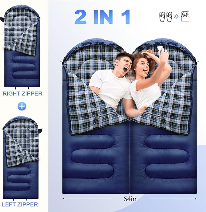 Flannel Sleeping Bag Cotton 0 Degree Cold Weather for Adults XXL Wearable Sleeping Bag 4 Seasons Waterproof with Compression Sack