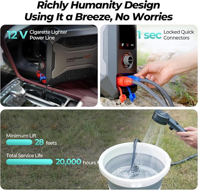 FOGATTI InstaShower GO, Portable Propane Water Heater 19,000 BTU, with 5000mAh Rechargeable Built-in Battery, DC 12V, Outdoor Camping Shower