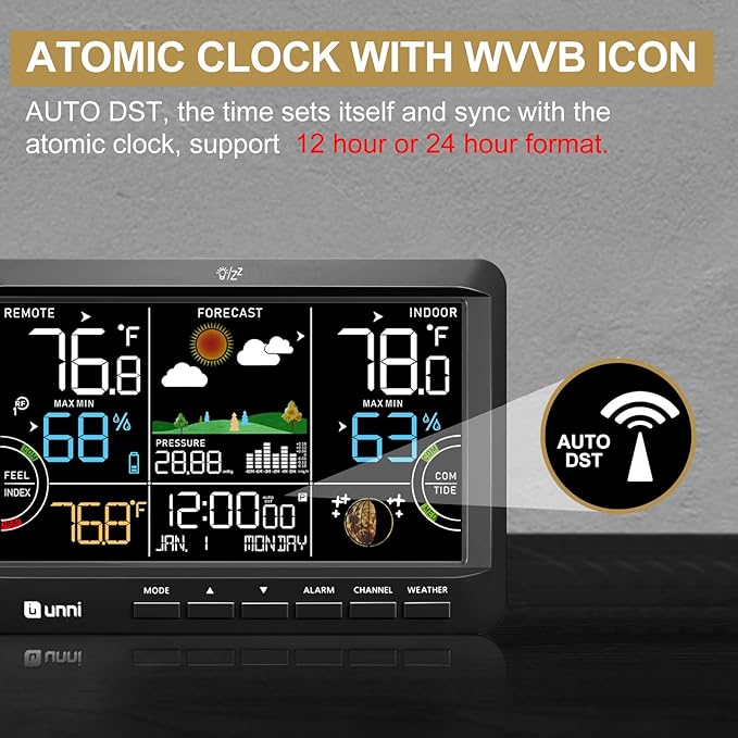 Weather Station Wireless Indoor Outdoor Thermometer with Heat Dew Mold, Thermometer Inside Outside Atomic Clock with Pressure Black