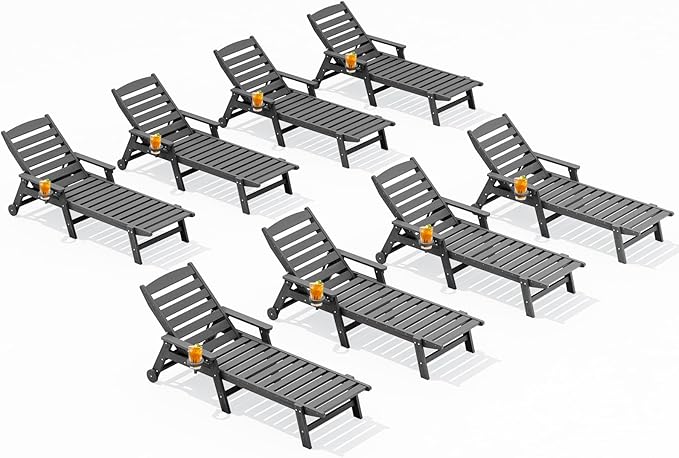 SERWALL Patio Chaise Lounge Chair Set of 8, 5 Positions Adjustable Outdoor Lounge Chair for Pool, Plastic Lounge Chair with Rolling Wheels & Cup Holder for Poolside, Deck, Slate Gray