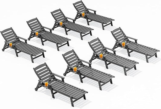 SERWALL Patio Chaise Lounge Chair Set of 8, 5 Positions Adjustable Outdoor Lounge Chair for Pool, Plastic Lounge Chair with Rolling Wheels & Cup Holder for Poolside, Deck, Slate Gray